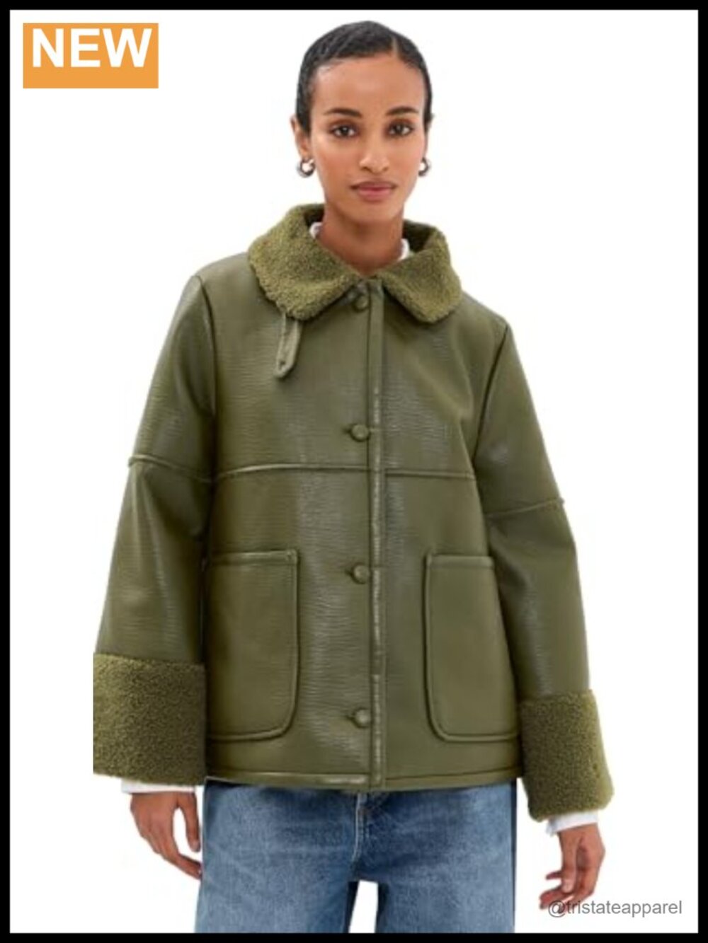 Women's Faux Leather Casual Jacket with Sherpa Trim